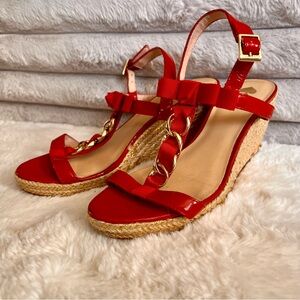 Red Kate Spade Wedge Sandals with Gold Chain Accent